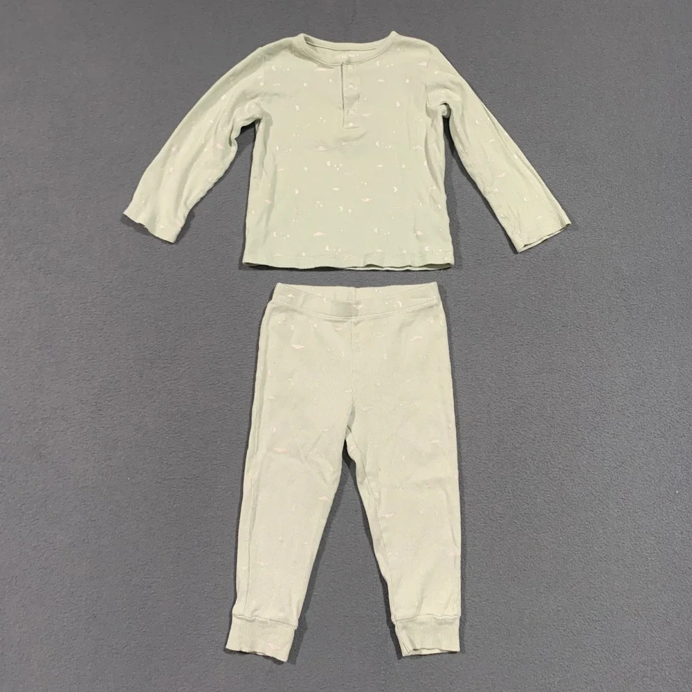 Carters Girls 24m Pajama Set Long Sleeve Top Pants Light Green‎ Thermal